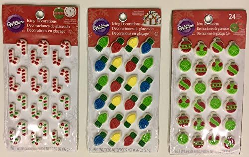 Ornaments, Lights, & Mini Candy Cane Edible Christmas Icing Decorations-Set of 3