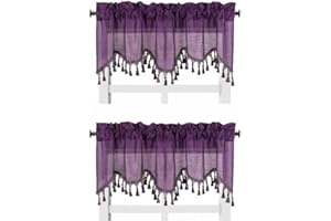 GENERIC Solid Faux Silk Swag Waterfall Cascade Ascot Window Curtain Valance w/Tassels Trim 55" x18" Wave (2, Plum)