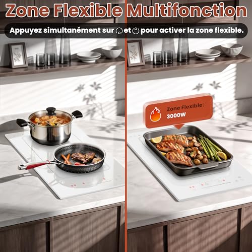 Karienvir Induction Hob 2 Hob with Socket, 30 cm Recessed Induction Hob, Dual Hob with Flexible Zone, Boost Function, Timer and Safety Lock, 220-240 V, 3500 W