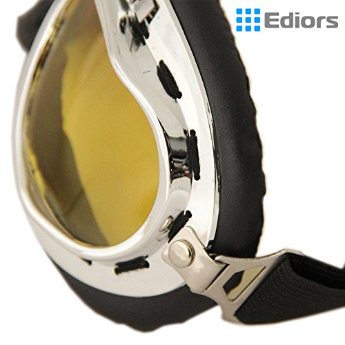 Ediors® Sports WWII Raf Vintage Aviator Pilot Style Motorcycle Cruiser Scooter Goggle T01 Transparent lens (Chrome Frame, Amber Lens)