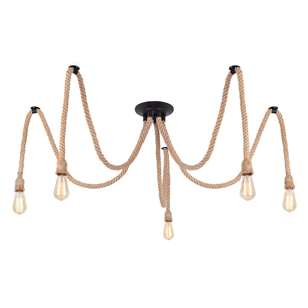 DIY Hemp Rope Retro Industrial Chandelier,Industrial 5 Lights Pendant Light Fitting,Retro E27 Edison Style Lamp/Living Room Restaurant Pendant Lights/Light Fixture,5 Lights(lampbulb is not Included)