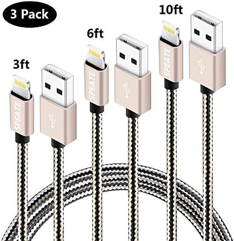 SPEATE USB Charger Cable 3PCS 3FT 6FT 10FT iPhone Lightning Cable Long Nylon Braided Fast Charging USB Extension Data Cable Cord For Apple iPhone X 8 Plus 7 7 Plus 6 6s 6s 5s SE,iPad,iPod(Black+Gold)