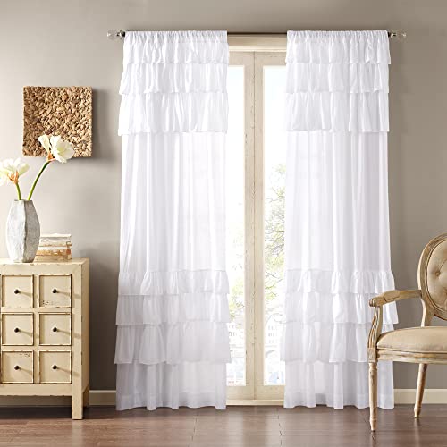 Madison Park White Living Room, Cottage Country-Rod Pocket Ruffle Bedroom, Anna Solid Voile Window Curtains, 50X63, 1-Panel Pack
