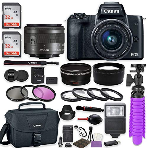 Canon EOS M50 Mirrorless Digital Camera (Black) Premium Accessory Bundle with EF-M 15-45mm is STM Lens (Graphite) + Canon Gadget Case + 64GB Memory + HD Filters + Auxiliary Lenses