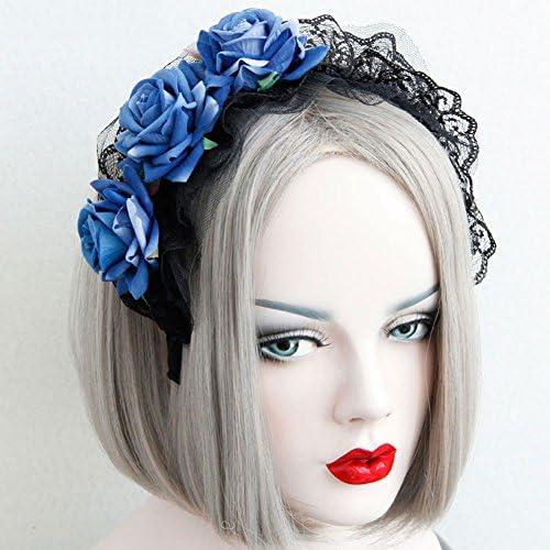 Housemaid Style Gothic Vintage Blue Rose Flower Lace Hairbands Cosplay Queen Elegant Headbands Girl Travel Hair Accessory