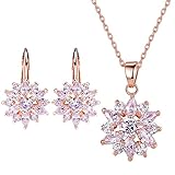 BAMOER 18K Rose Gold Plated Cubic Zirconia Snowflake Lever Back Earrings Necklace Set for Women CZ Jewelry Set