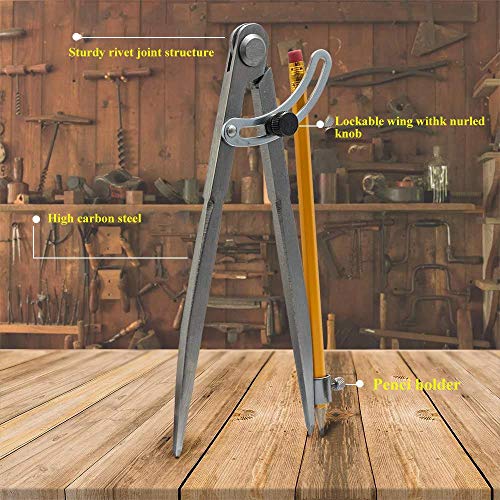 Professional Woodworking Compass with Wing and Pencil Holder, Large Compass for Geometry, Drawing, Drafting, Pencil Compass for Carpenter