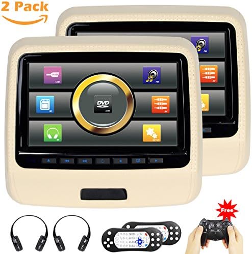 Touchscreen Headrest DVD Player for Car With Leather Cover USB SD 9 inch Screen IR Wireless Headphones HD 1080P Beige Pack of 2