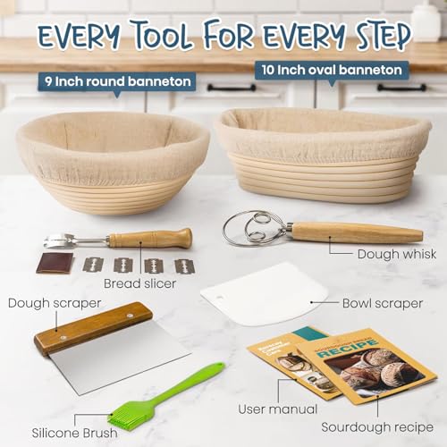 Baking Supplies Set, Banneton Bread Proofing Basket, Sourdough Baskets with Dough Whisk Lame Dough Scraper Bowl Scraper Silicone Brush