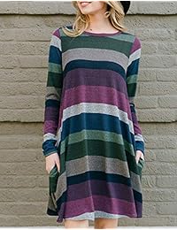 Miskely - Túnica de manga larga a rayas para mujer con bolsillos