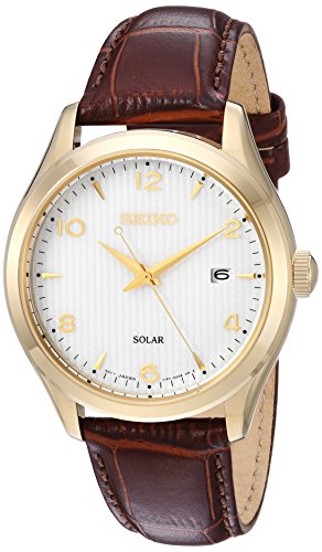 Reloj Seiko para hombre, de acero inoxidable, de cuarzo japonés con correa de piel de becerro, marrón, 20,5 (Modelo: SNE492)