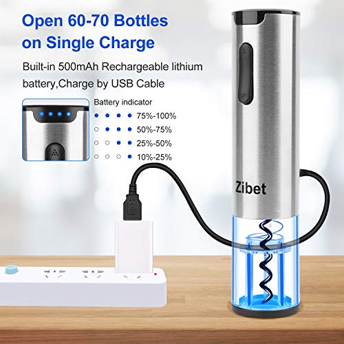 Zibet Rechargeable Electric Wine Opener,Automatic Electric Wine Bottle Opener Corkscrew with Foil Cutter,Wine Pourer and Vacuum Stopper (Stainless Steel)