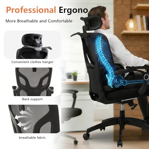 Ergonomic Office Chair,350lbs Heavy Duty Chair with Adjustable Lumbar Support & Headrest, 90-135° Recline Lock, Footrest, Buttock-Care Cushion, Breathable Mesh Computer Gaming Chair for Home Office