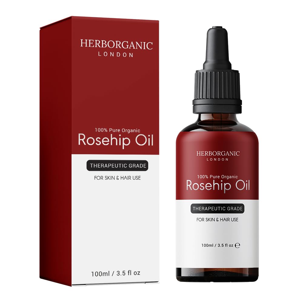 HERBORGANIC Rosehip Oil - Cold Pressed, Natural & Unrefined Bio Oil Scar Treatment - Hydrating & Moisturising Rosehip Oil for Face, Hair, Nails & Body - Vegan, Cruelty-Free Skin Nourishment