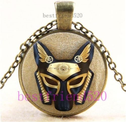 Vintage Steampunk Anubis Cabochon Glass Bronze Chain Pendant Necklace