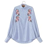 StarDream Striped Embroidered Flowers High Neck Blouse Women Vintage Casual Shirt Tops