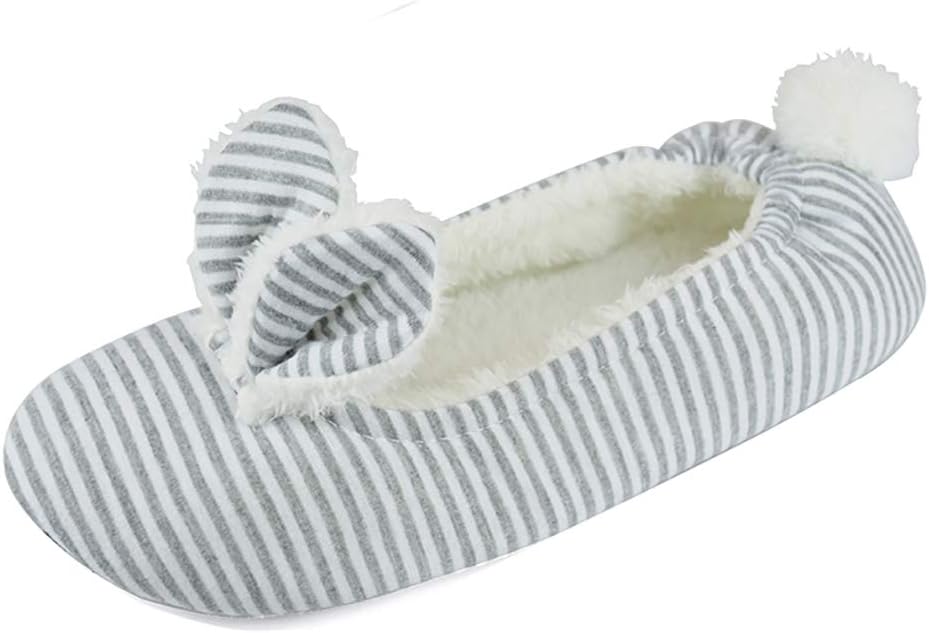 Womens/Ladies Classic Ballerina Slippers Striped Bunny Design with Indoor Grippy Soles