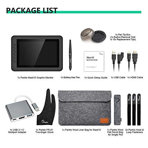 Parblo Mast10 10.1" Graphic Tablet Drawing Monitor with Battery-Free Drawing Tablet Pen Passive Stylus, Shortcut Keys, USB USB Type C Cable Adapter for Digital Art Sketch, Paint, Design