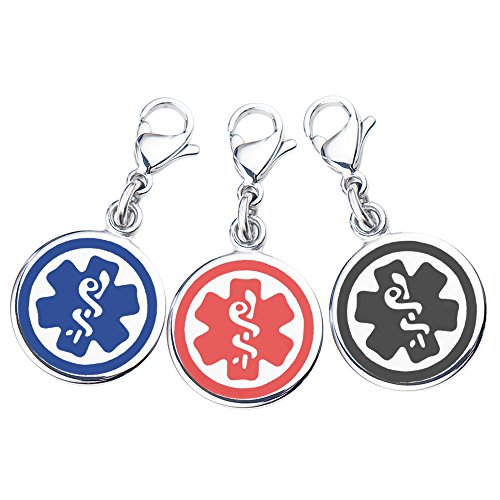 Divoti Mix N Match 3/8" (10mm) 316L Double-sided Medical Alert Charms-3 Pack, Free Medical ID Cards, Medical Alert Apps -Blue, Black & Red