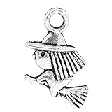 Housweety 50PCs Halloween Charm Pendants Witch & Broom Silver Tone 13x10mm(4/8