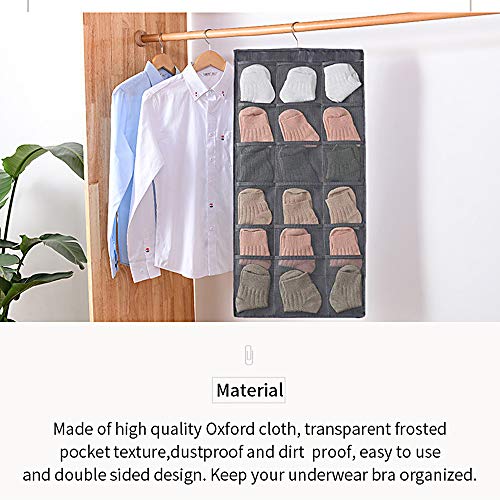 Hanging Closet Organizer, Dual-Sided 30 Pockets Wall Shelf Wardrobe Storage Bags for Underwear, Stocking, Bra and Sock, Mesh Pocket with Metal Hanger - Gray - Thumbnail 5