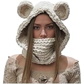 Xojbzoo Y2K Cute Bear Ear Knitted Hat for Women, Handmade Knitted with Thick Velvet and One Piece Neck Hat