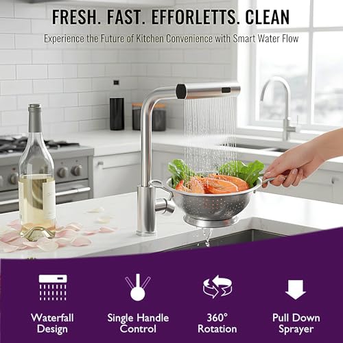 Aishini® Waterfall Kitchen Faucet, (SSV5) صنابير خلاط المطبخ with Pull Out Sprayer, 3 Spray Modes, Stainless Steel 304, High Pressure 360° Swivel Kitchen Sink Mixer, High Arc Single Hole Sink Tap