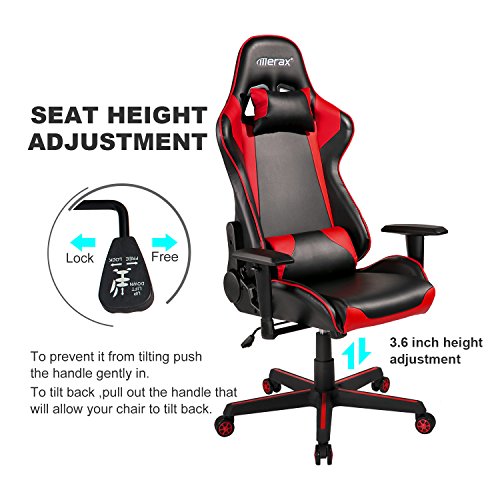 Merax PP036276JAA Racing Style Gaming Ergonomic Design High-Back PU Leather Chair, L X 27.6" W X 52.6" H, Red - Thumbnail 3