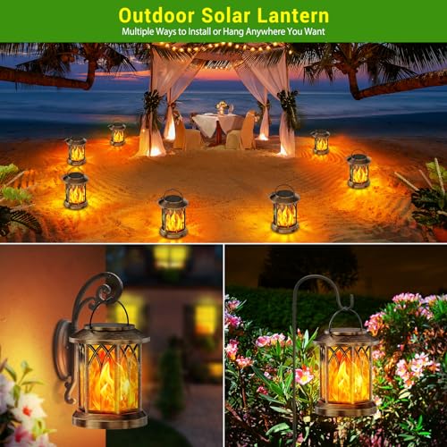GEARLITE Garden Solar Lights for Outdoor Hanging, 2 Pieces Solar Lanterns for Outdoor Use with Realistic Flame Effects, IP65 Waterproof Solar Lights, Garden Decoration with Clips for Outdoor Yard (2, Bonze)