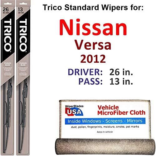 Wiper Blades for 2012 Nissan Versa Hatchback Driver & Passenger Trico Steel Wipers Set of 2 Bundled with Bonus MicroFiber Interior Car Cloth