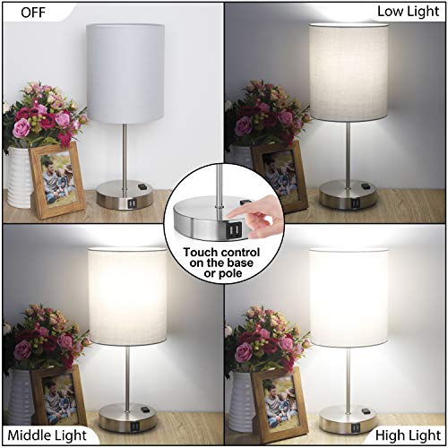 Touch Control Table Lamp, 3 Way Dimmable Bedside Desk Lamp with 2 Fast USB Charging Ports and AC Outlet, Nightstand Lamp for Bedroom Living Room, Modern Office Lamp, Silver Base, 60W LED Bulb Included