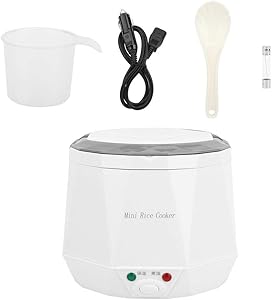 Junlucki 1.6 L Mini Rice Cooker - 12V Electric Food Steamer - Household Multi Cooker Portable Rice Cooking Steaming Pot for Car/Home/Travel - Kitchen Tool Instant Keep Warm (White)