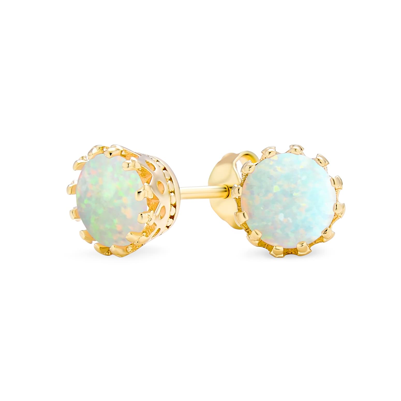 Iridescent Crown Setting Created White Opal Solitaire Crown Stud Earrings Gold Plated .925 Sterling Silver Iridescent 6MM October Birthstone — image 1