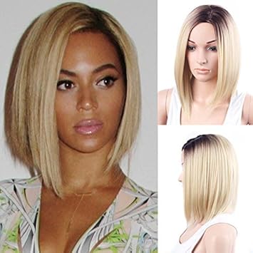 Ombre Synthetic Hair Wig Dark Roots Black Brown To Bleach Blonde