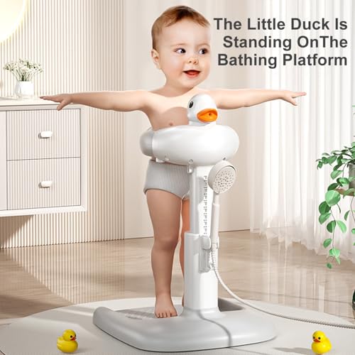 Duck Standing Baby Bath Station, Adjustable 65cm Height with Anti-Slip Base & Detachable Shower Holder, 360° Cleaning for 6+ Months, ABS BPA-Free (Gray)​​