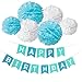 Wartoon Happy Birthday Banner Bunting Kit, Paper Pom Poms flowers Ball with Hanging Party Decorations Banner flags for Birthday Party Decorations (Blue1)