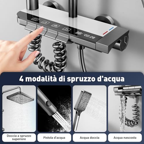 Koeutoze Sistema Doccia con display digitale a LED, soffione doccia XL a pioggia, doccetta, getto ausiliario e rubinetto a cascata – Acciaio inossidabile – Colonna Doccia Regolabile (Grigio)