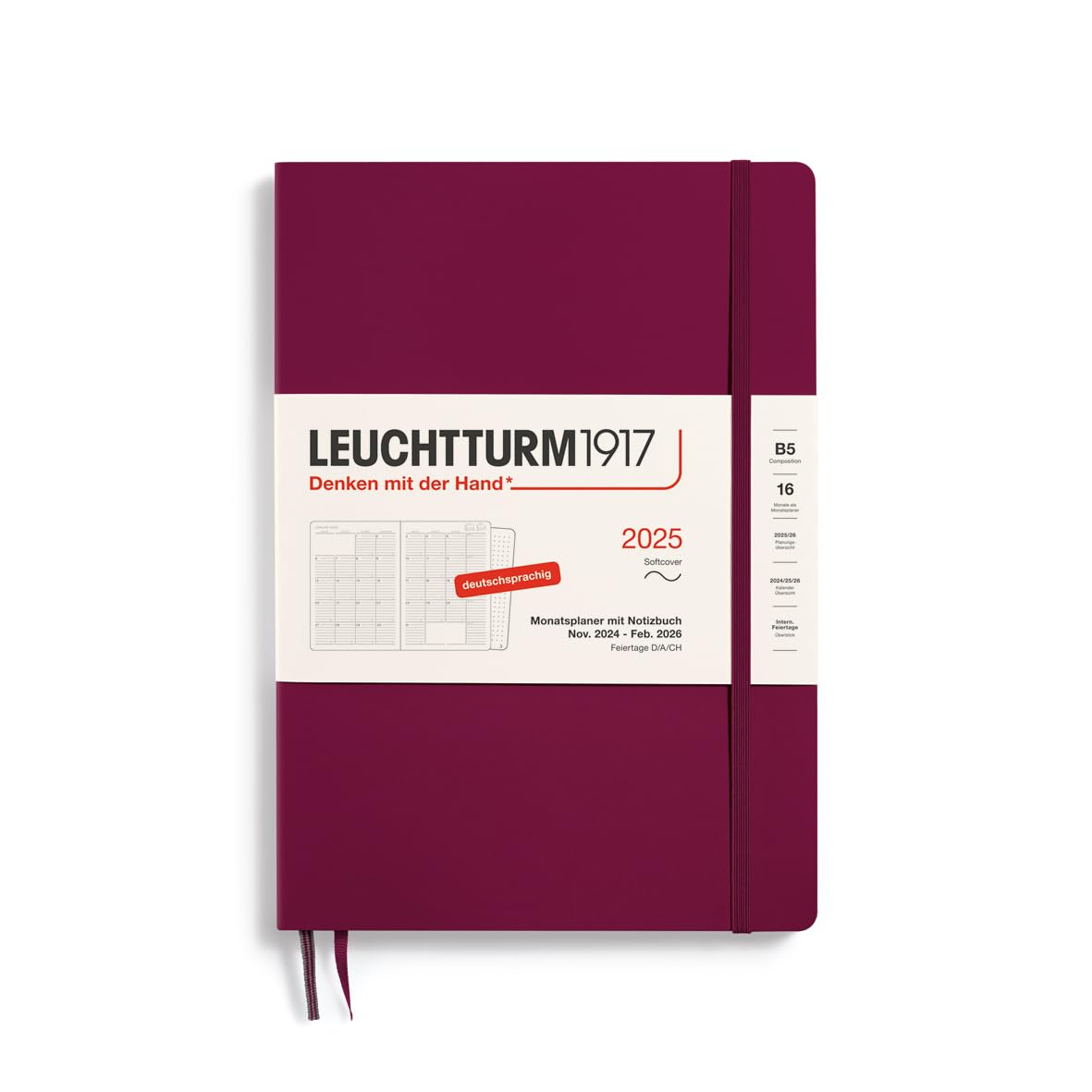 LEUCHTTURM1917 370603 Monthly Planner & Notebook 2025, Composition B5 Softcover - 16 Months, 80 g, Lined - Port Red