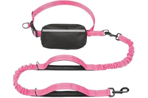 Hands-Free Dog Leash with Waist Belt and Zipper Pouch – Shock Absorbing Bungee Leash with Dual Padded Handles for Walking, Jo