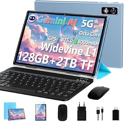 Último Tablet Android Gemini AI, Tablet 10 Pulgadas, 22GB+128GB/TF 1TB, Octa-Core 2.0GHz, 5G WiFi, Bluetooth5.0, 8000mAh Batería, 8MP+5MP, Widevine L1, GPS, Tablet con Funda, Teclado y Ratón - Azul