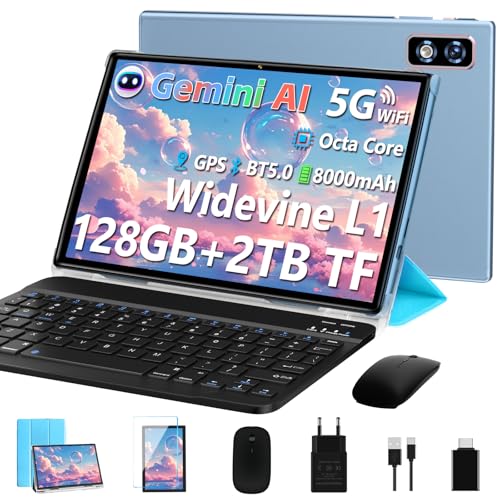 Último Tablet Android Gemini AI, Tablet 10 Pulgadas, 22GB+128GB/TF 1TB, Octa-Core 2.0GHz, 5G WiFi, Bluetooth5.0, 8000mAh Batería, 8MP+5MP, Widevine L1, GPS, Tablet con Funda, Teclado y Ratón - Azul