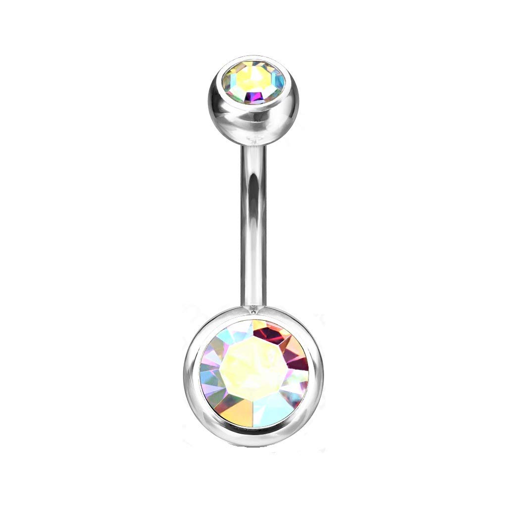 PiercedOff Titanium Belly Bar with Externally Threaded Aurora Borealis CZ Gem Balls - Thickness 14GA (1.6mm) / Length 8mm / Ball Sizes 4mm Top and 6mm Bottom
