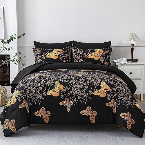 Yogeneg 7-teiliges Bett-in-Beutel-Set, Queen-Size-Größe, schwarzes Bettwäsche-Set, Goldfarbene Schmetterlingsblätter gedruckt auf schwarzem Wendedesign, weiche Mikrofaser-Bettdecke mit Bettlaken-Set,