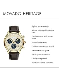 Movado - Reloj cronógrafo para hombre con dial de índice impreso, dorado, plateado, marrón y azul (3650007)