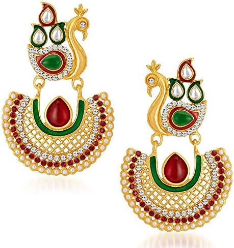 Bollywood Ethnic Indian Eye-Catchy Peacock Gold Plated Red Green Stone Dangle &amp; Drop Earrings