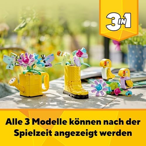 Creator 3in1 Flowers in Watering Can Toy to Welly Boot to 2 Birds on a Perch, Animals Set for Girls, Boys & Kids, with 3 Butterfly Toys, Makes a Great Desk Accessory, Nature Gift 31149
