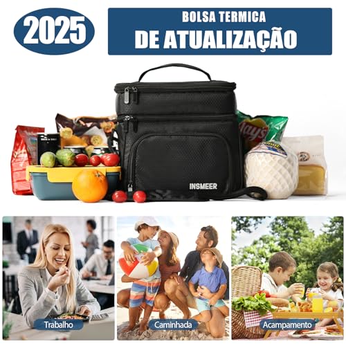 INSMEER Bolsa Térmica Marmita Para Homens, 2 Compartimentos Lancheira Termica Para Adulto Masculina Bolsa Termica De Separado Para Alimentos Quentes E Frios (2 Compartimentos, Preto)