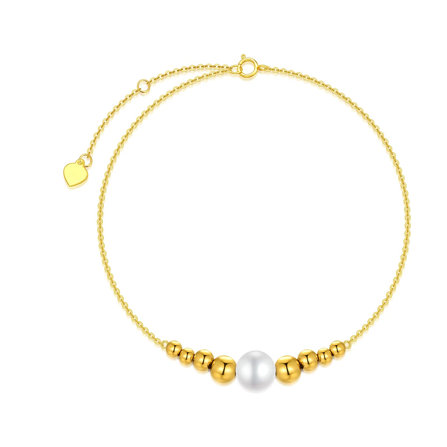 SISGEM 14 ct Gold Pearl Necklace, Solid Yellow Gold Beaded Bracelet with 7mm Freshwater Cultural Pearl, for Women Girls Ladies Mum Sisters, 6.5"+1"+1"