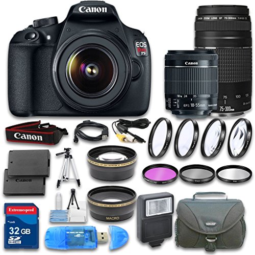 Canon EOS T5 Camera + Canon EF-S 18-55mm f/3.5-5.6 IS II Lens + Canon EF 75-300mm f/4-5.6 III Lens + Wideangle Lens + Telephoto Lens + 32 GB SD Card + 3 PC Filter - International Version