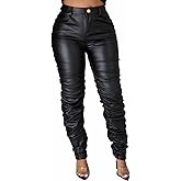 Zebaexf Women's Stretchy Faux Leather Leggings Pants,High Waist Stacked Pants for Women